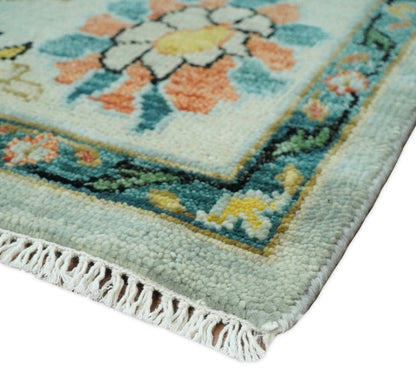 Vibrant Colorful Aqua, Ivory, Gold and Rust Hand Knotted Traditional Oushak Multi Size wool Area Rug.