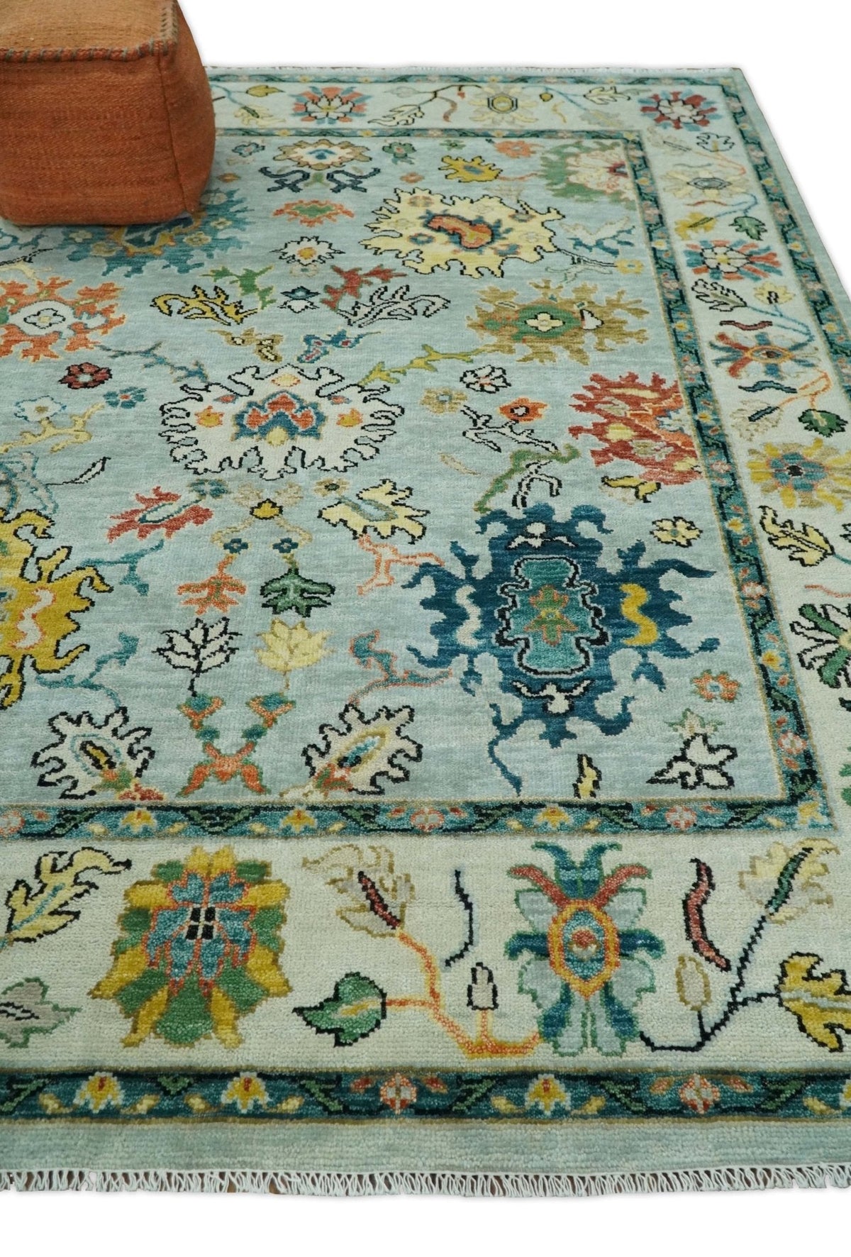 Vibrant Colorful Aqua, Ivory, Gold and Rust Hand Knotted Traditional Oushak Multi Size wool Area Rug.
