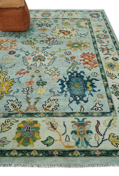 Vibrant Colorful Aqua, Ivory, Gold and Rust Hand Knotted Traditional Oushak Multi Size wool Area Rug.