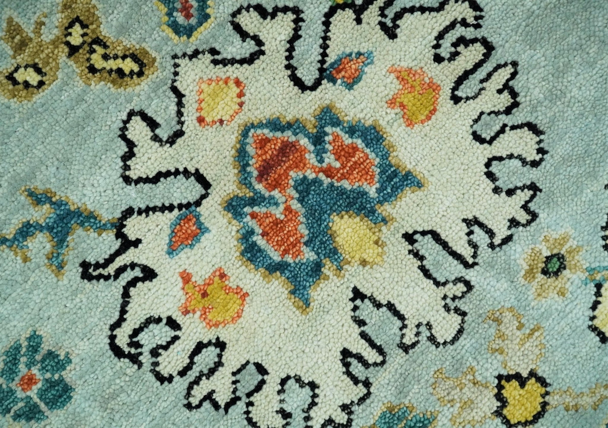 Vibrant Colorful Aqua, Ivory, Gold and Rust Hand Knotted Traditional Oushak Multi Size wool Area Rug.