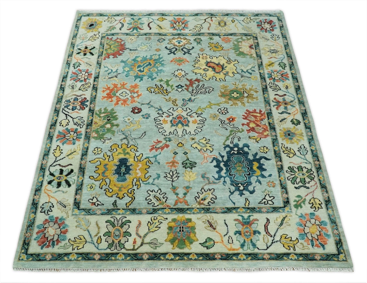 Vibrant Colorful Aqua, Ivory, Gold and Rust Hand Knotted Traditional Oushak Multi Size wool Area Rug.