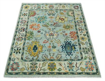 Vibrant Colorful Aqua, Ivory, Gold and Rust Hand Knotted Traditional Oushak Multi Size wool Area Rug.