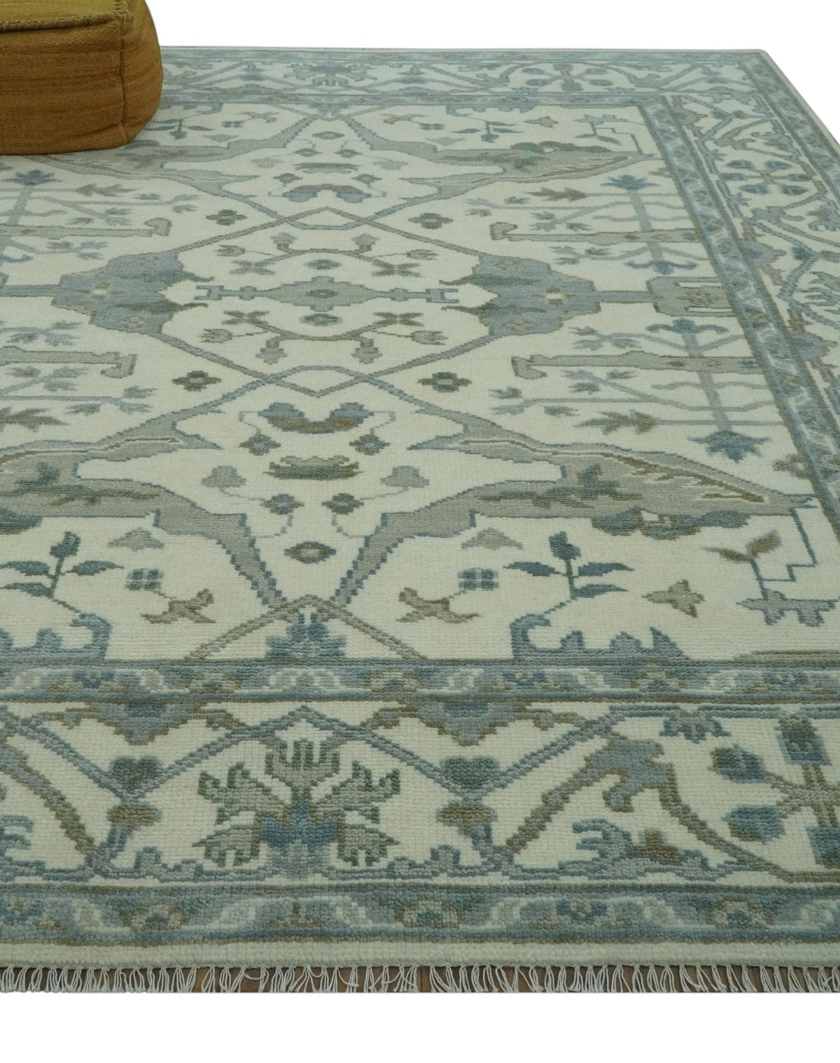 Richmond Custom Made Ivory and Olive Hand Knotted Oushak Wool Rug.