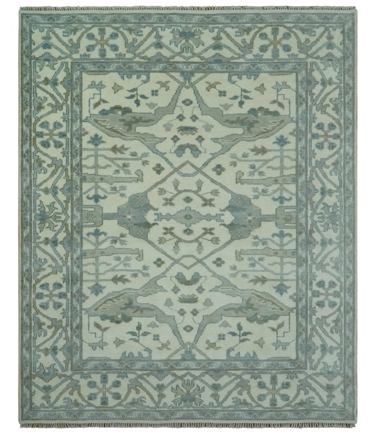 Richmond Custom Made Ivory and Olive Hand Knotted Oushak Wool Rug.
