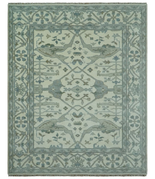 Richmond Custom Made Ivory and Olive Hand Knotted Oushak Wool Rug.