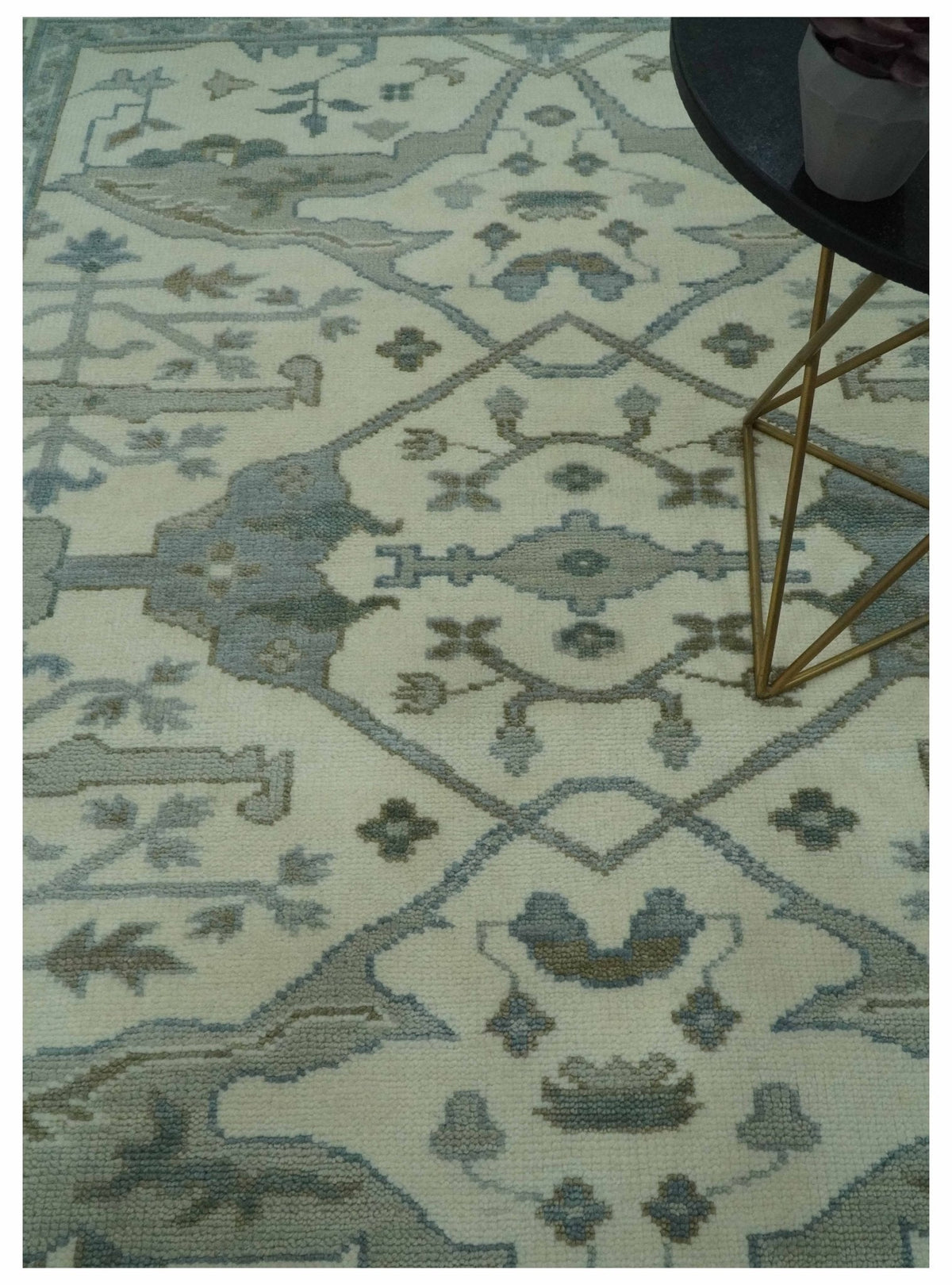 Richmond Custom Made Ivory and Olive Hand Knotted Oushak Wool Rug.