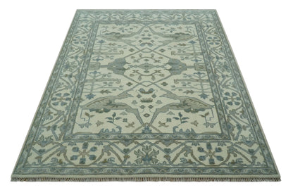 Richmond Custom Made Ivory and Olive Hand Knotted Oushak Wool Rug.