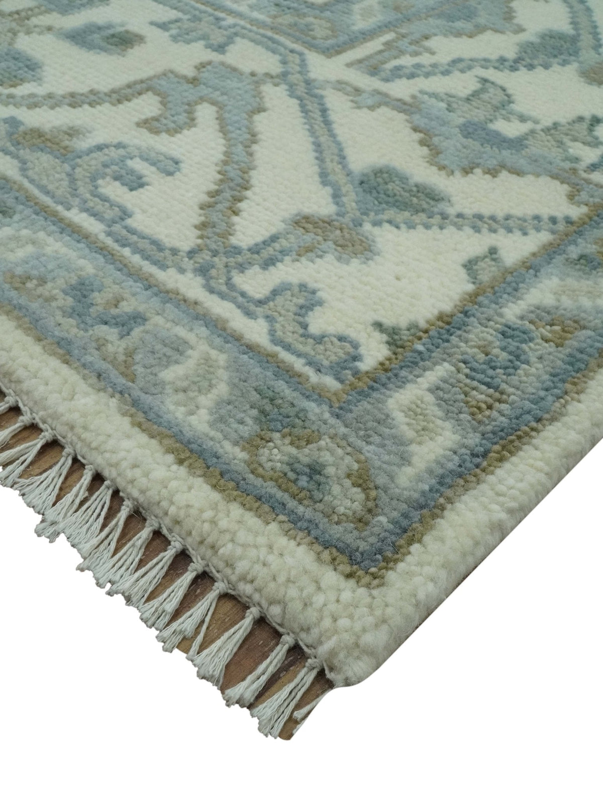 Richmond Custom Made Ivory and Olive Hand Knotted Oushak Wool Rug.