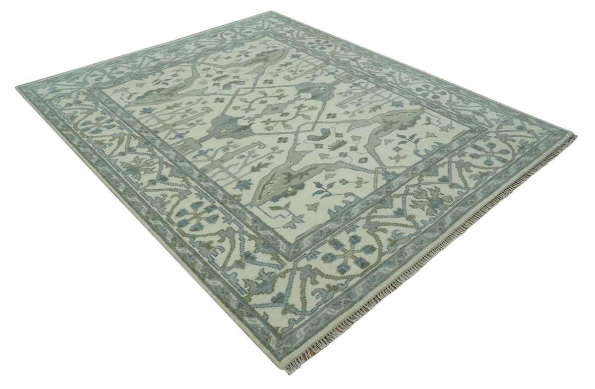 Richmond Custom Made Ivory and Olive Hand Knotted Oushak Wool Rug.