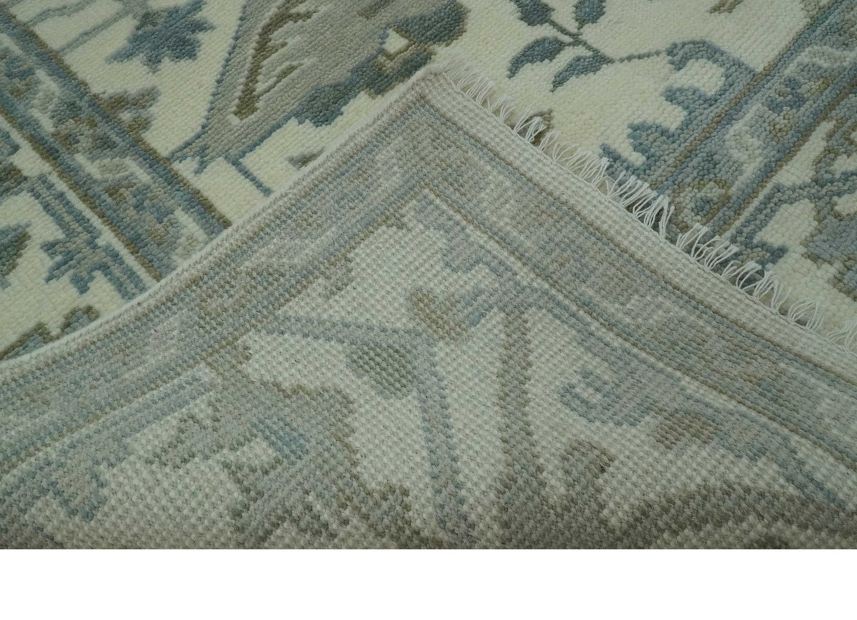 Richmond Custom Made Ivory and Olive Hand Knotted Oushak Wool Rug.