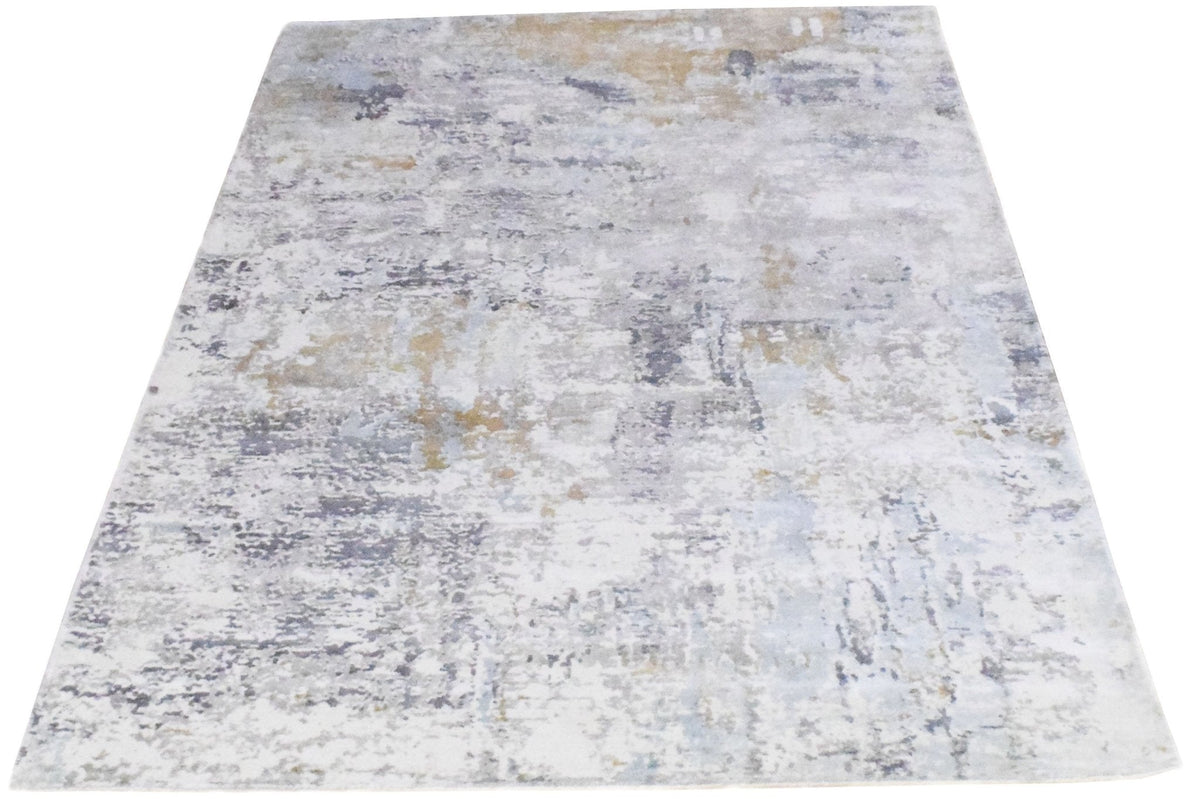 Modern Abstract Silver And Blue Hand Loom Viscose Area Rug.