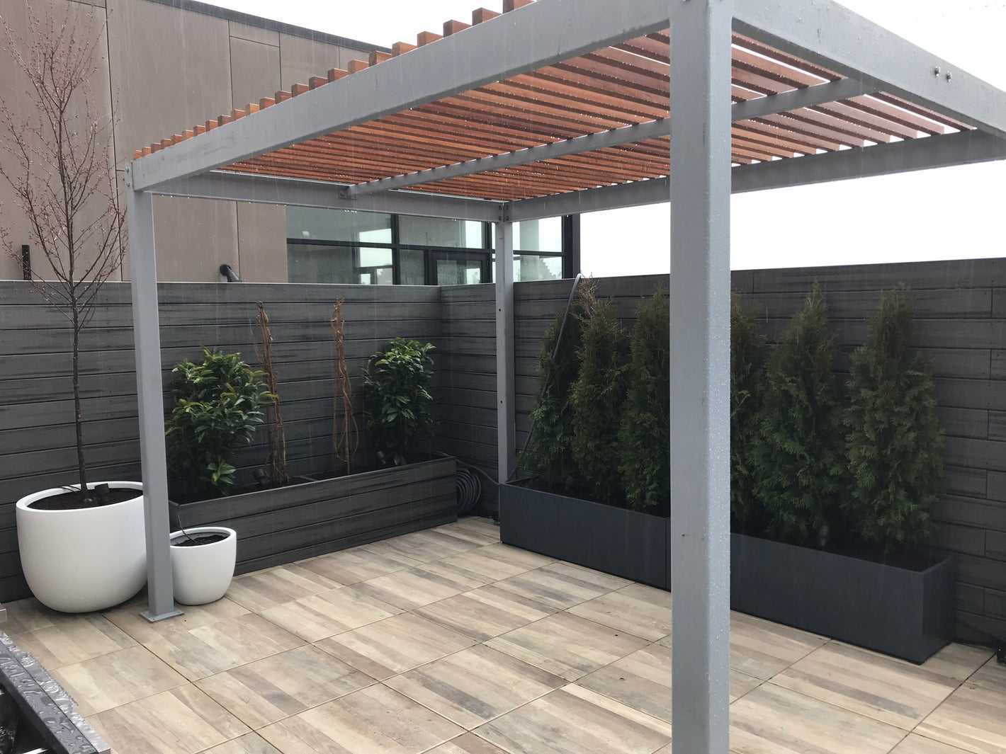 Outdoor pergola framed with gray aluminum and wood perlins on top created by TCSC