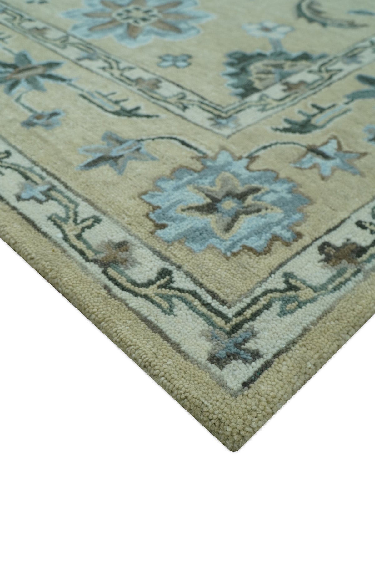 Custom Made Beige, Ivory and Blue Hand Tufted Floral Oriental Oushak wool area rug.