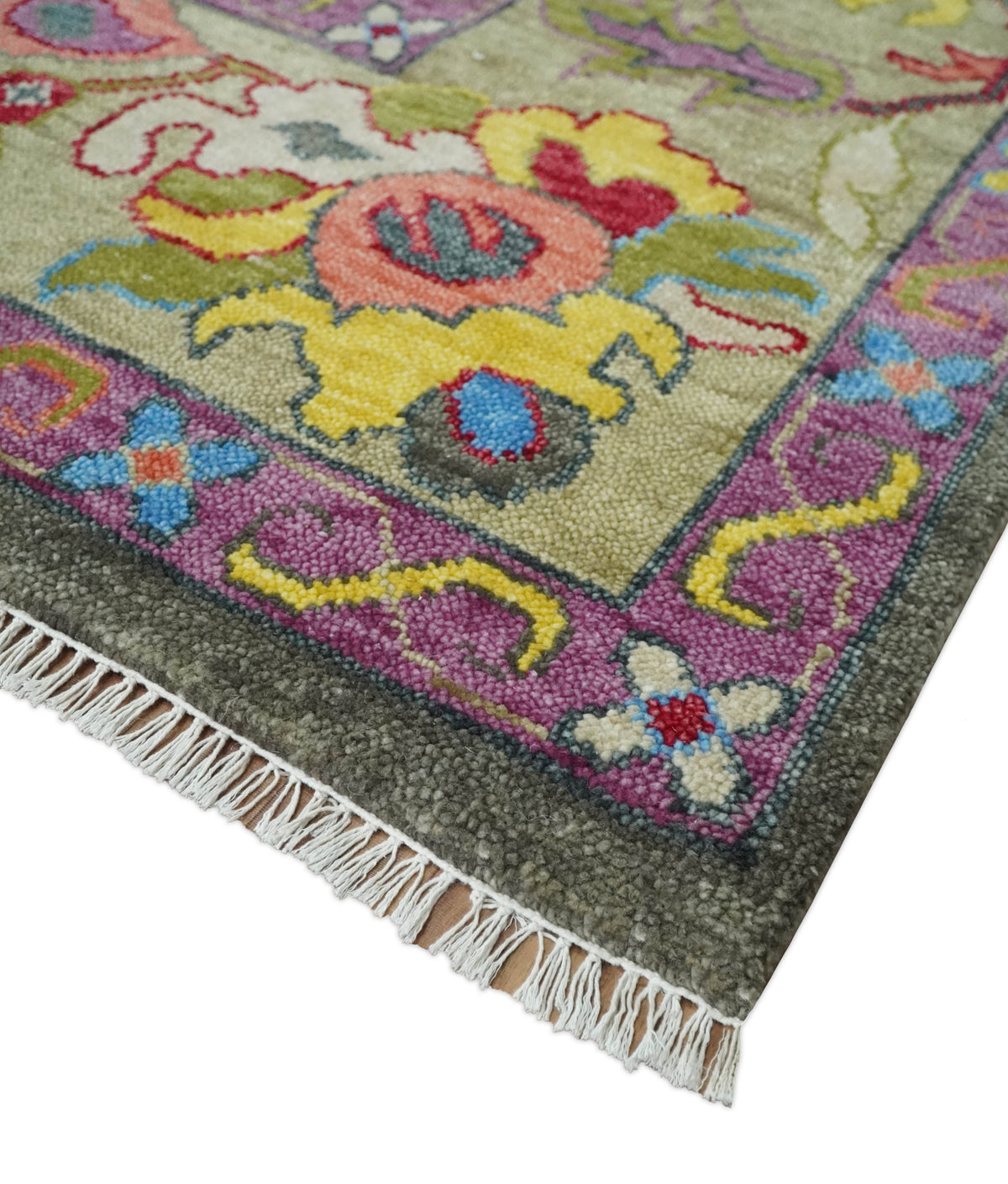Gray and Olive Wool Colorful Hand knotted Traditional Oushak Multi Size wool Area Rug.