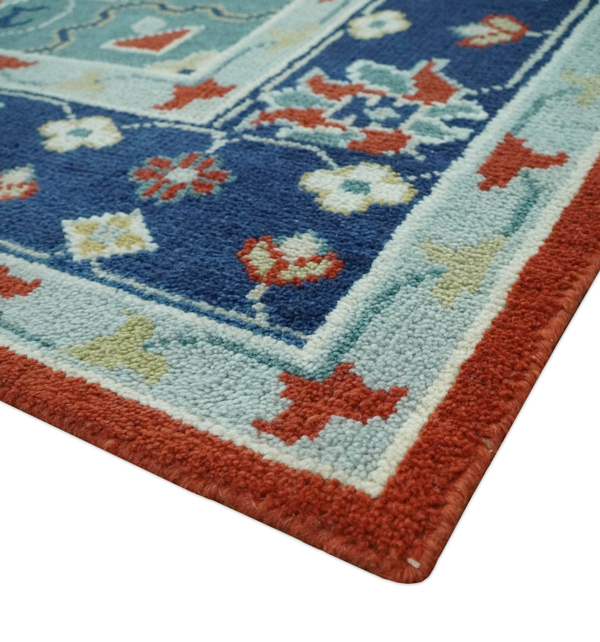 Custom Made Rust, Blue and Silver hand knotted Traditional Heriz wool area rug.