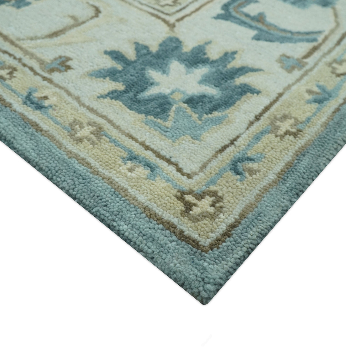 Custom Made Aqua, Ivory and Beige Hand Tufted Oriental Oushak wool area rug.