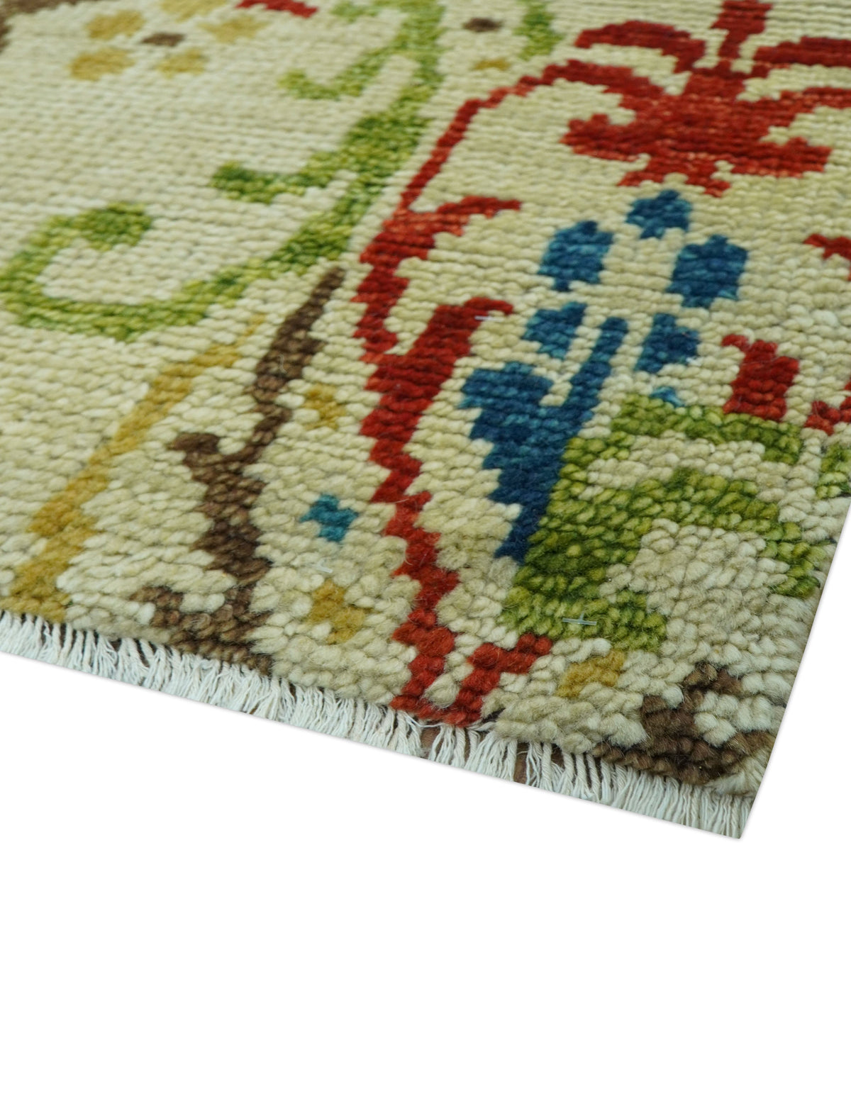 Custom Made Vintage Floral Ikat Design Beige And Blue Hand Knotted Wool Rug.