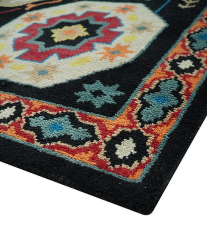 Custom Made Colorful Black, Maroon and Beige Traditional Mamluk Design wool Rug.