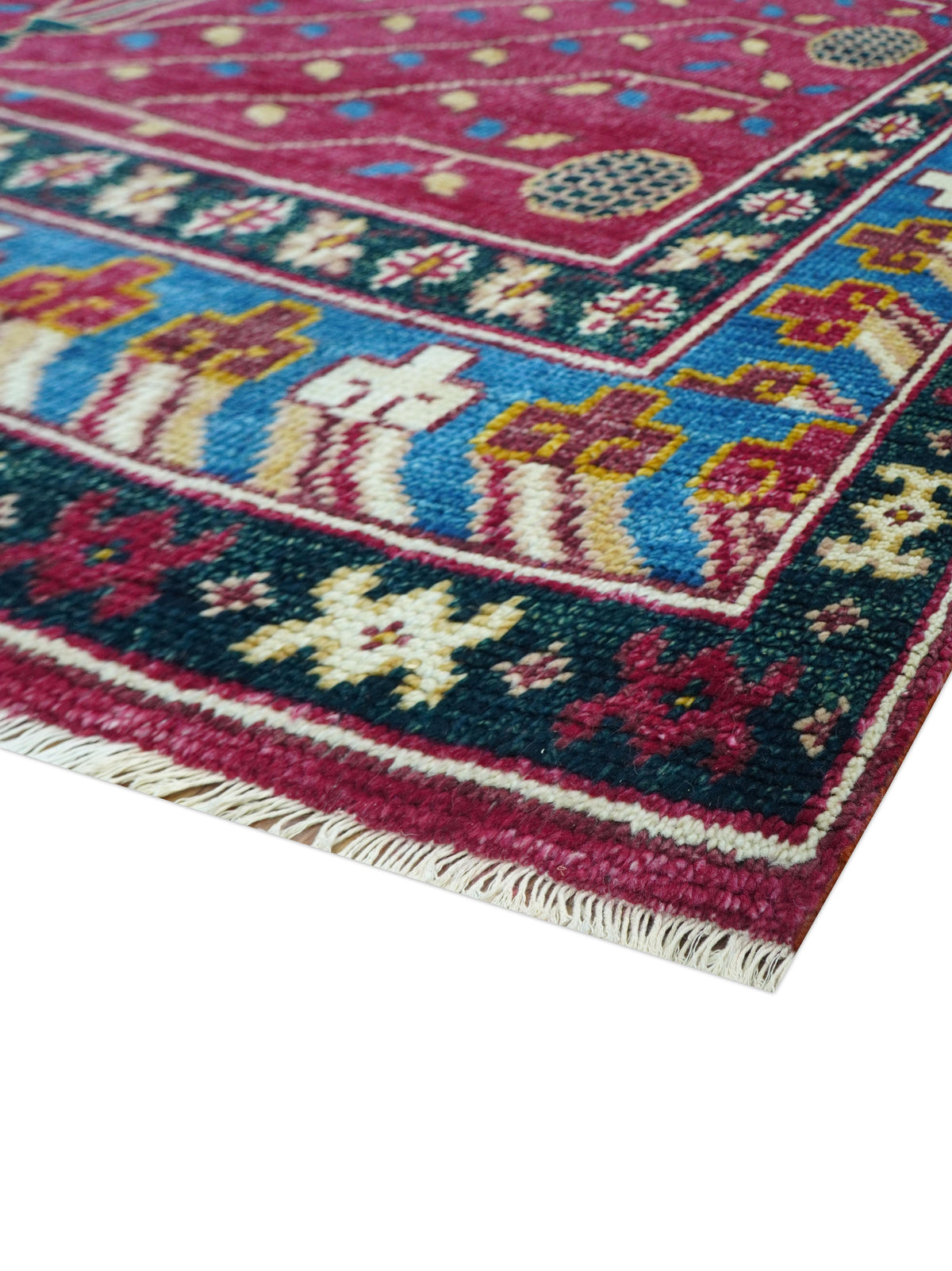 Custom Made Traditional Tribal Design Red And Blue Hand Knotted Wool Rug.
