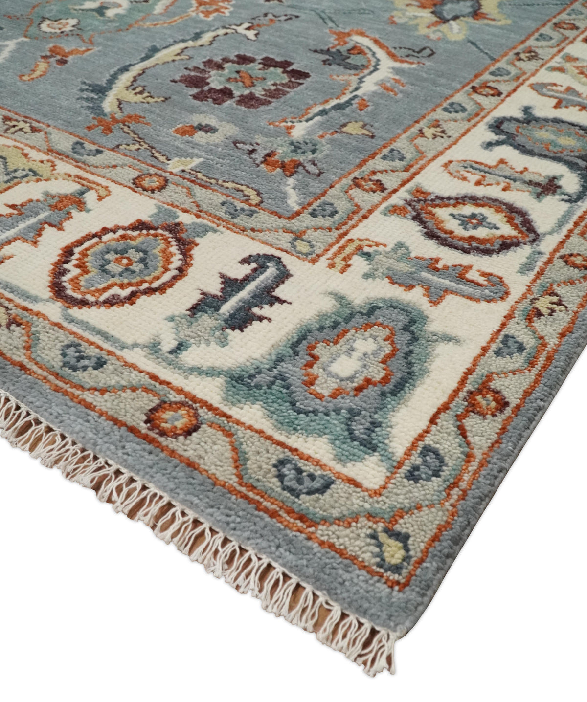 Hand Knotted Gray and Ivory Traditional Oriental Oushak Custom Made Wool Area Rug.