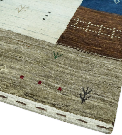 Ivory, Olive, Blue and Charcoal Handloom Tribal Gabbeh Multi Size wool Area Rug.