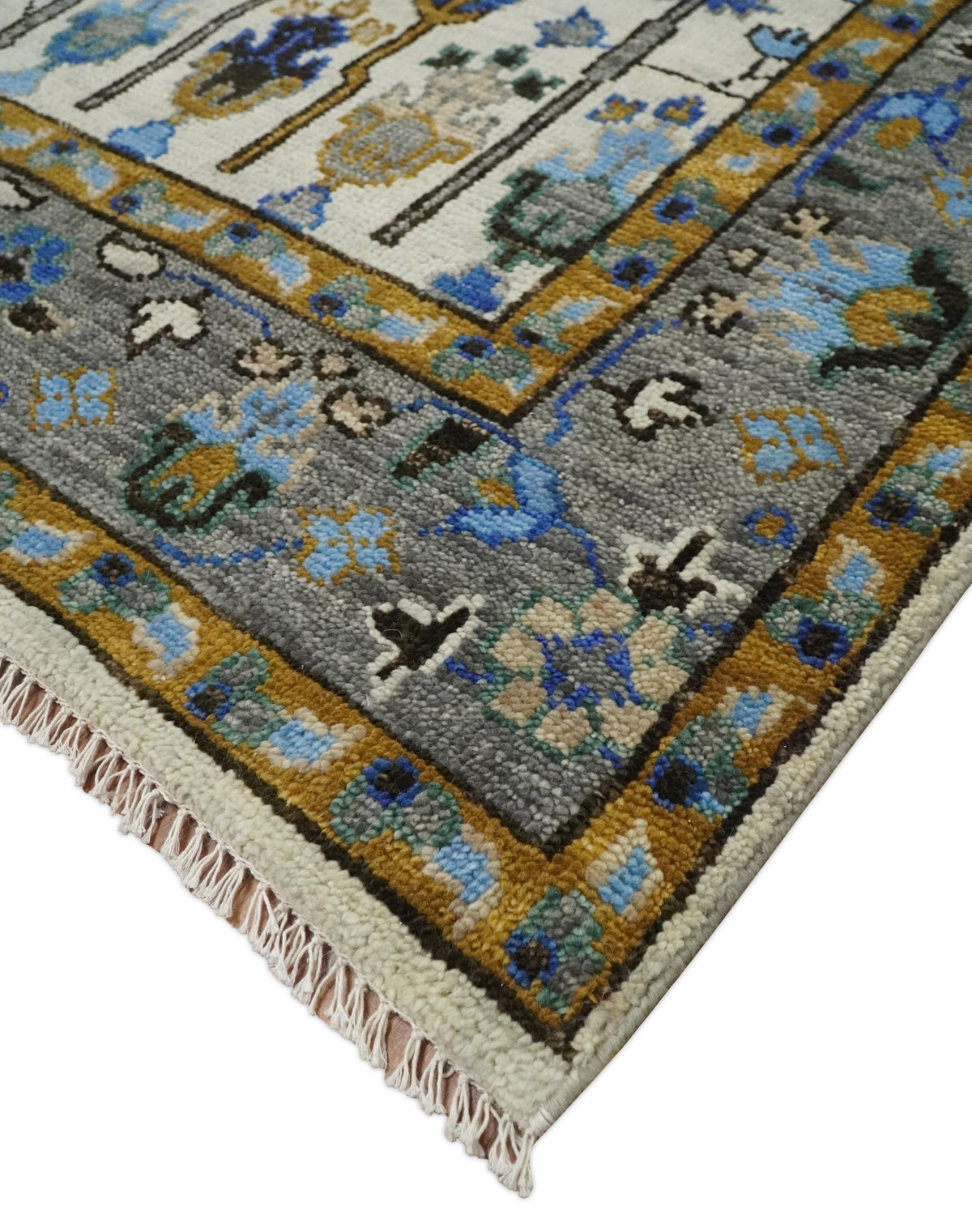 Custom Made Tree of life Hand Knotted Antique Ivory, Blue and Gray Wool area Rug.