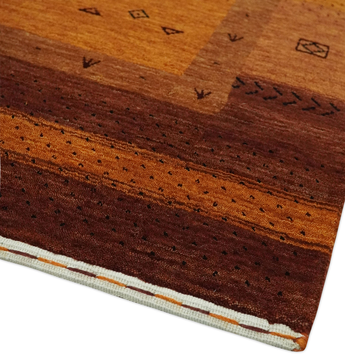 Custom Made geometrical Stripes Design Rust and Brown Hand loom wool Area Rug.