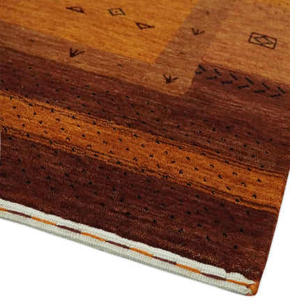 Custom Made geometrical Stripes Design Rust and Brown Hand loom wool Area Rug.