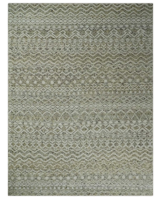 Hand Knotted Ivory, Beige and Brown  Modern Contemporary Southwestern Tribal Trellis Recycled Silk Area Rug.