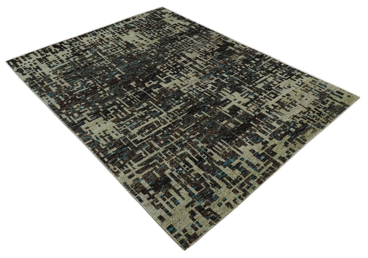 9x12 Hand Knotted Beige and Brown Modern Abstract Contemporary Recycled Silk Area Rug.