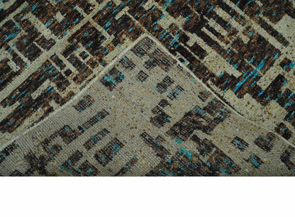 9x12 Hand Knotted Beige and Brown Modern Abstract Contemporary Recycled Silk Area Rug.