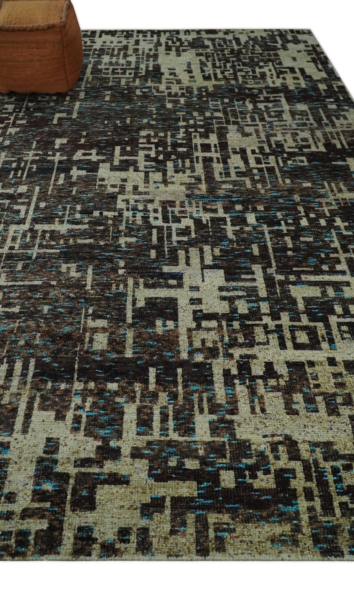 9x12 Hand Knotted Beige and Brown Modern Abstract Contemporary Recycled Silk Area Rug.