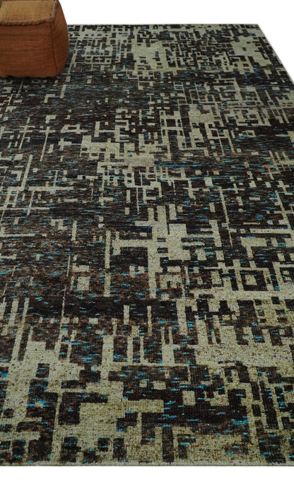 9x12 Hand Knotted Beige and Brown Modern Abstract Contemporary Recycled Silk Area Rug.