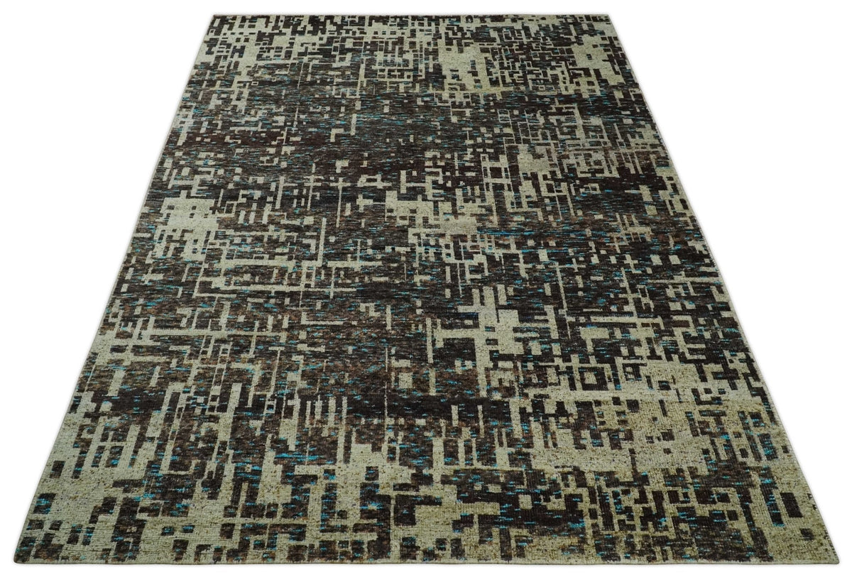 9x12 Hand Knotted Beige and Brown Modern Abstract Contemporary Recycled Silk Area Rug.