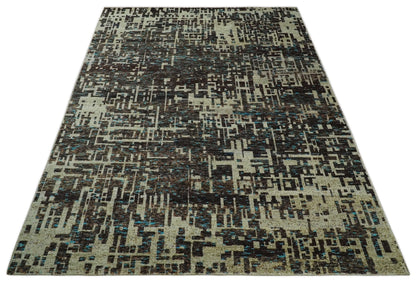 9x12 Hand Knotted Beige and Brown Modern Abstract Contemporary Recycled Silk Area Rug.