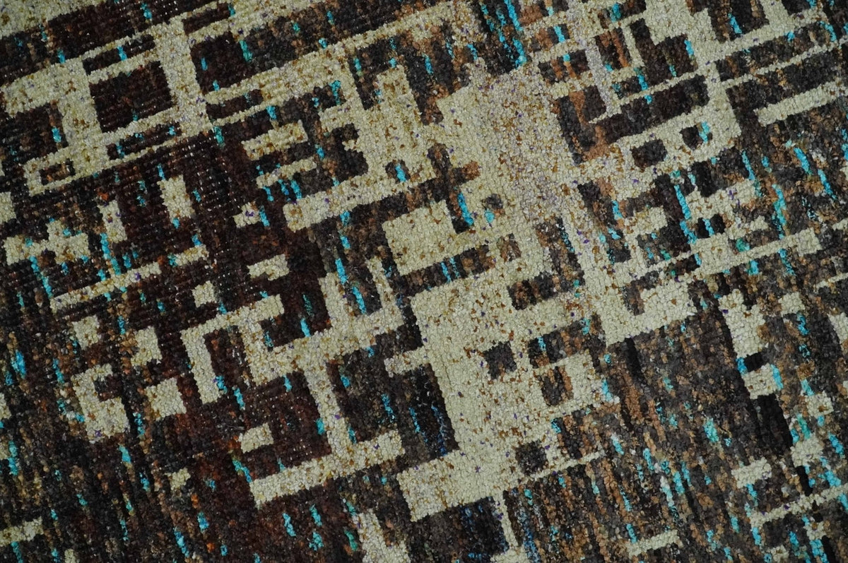 9x12 Hand Knotted Beige and Brown Modern Abstract Contemporary Recycled Silk Area Rug.