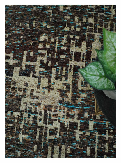 9x12 Hand Knotted Beige and Brown Modern Abstract Contemporary Recycled Silk Area Rug.