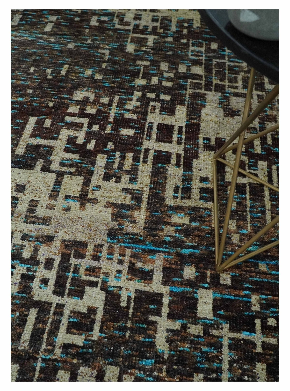 9x12 Hand Knotted Beige and Brown Modern Abstract Contemporary Recycled Silk Area Rug.