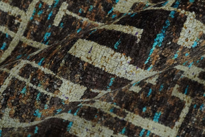 9x12 Hand Knotted Beige and Brown Modern Abstract Contemporary Recycled Silk Area Rug.