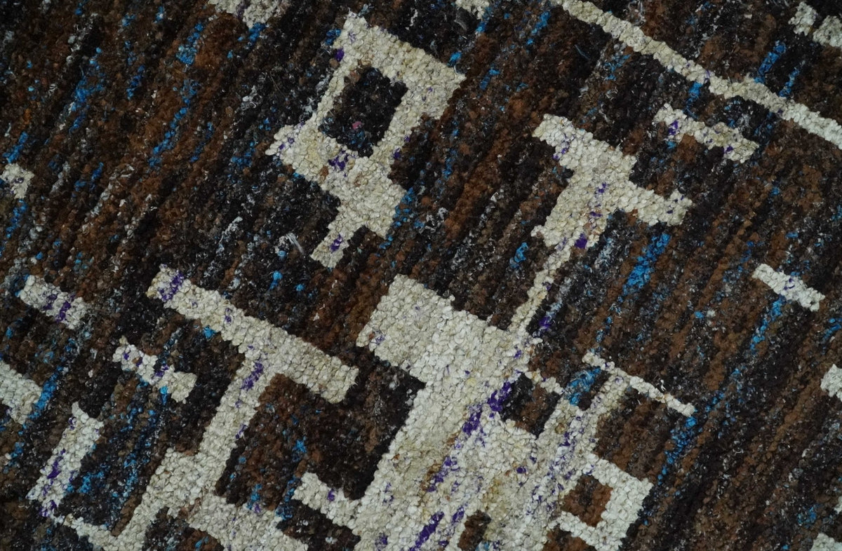 5x8 and 9x12 Hand Knotted Silver, Charcoal and Brown Modern Abstract  Recycled Silk Area Rug.