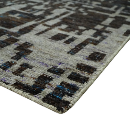 5x8 and 9x12 Hand Knotted Silver, Charcoal and Brown Modern Abstract  Recycled Silk Area Rug.