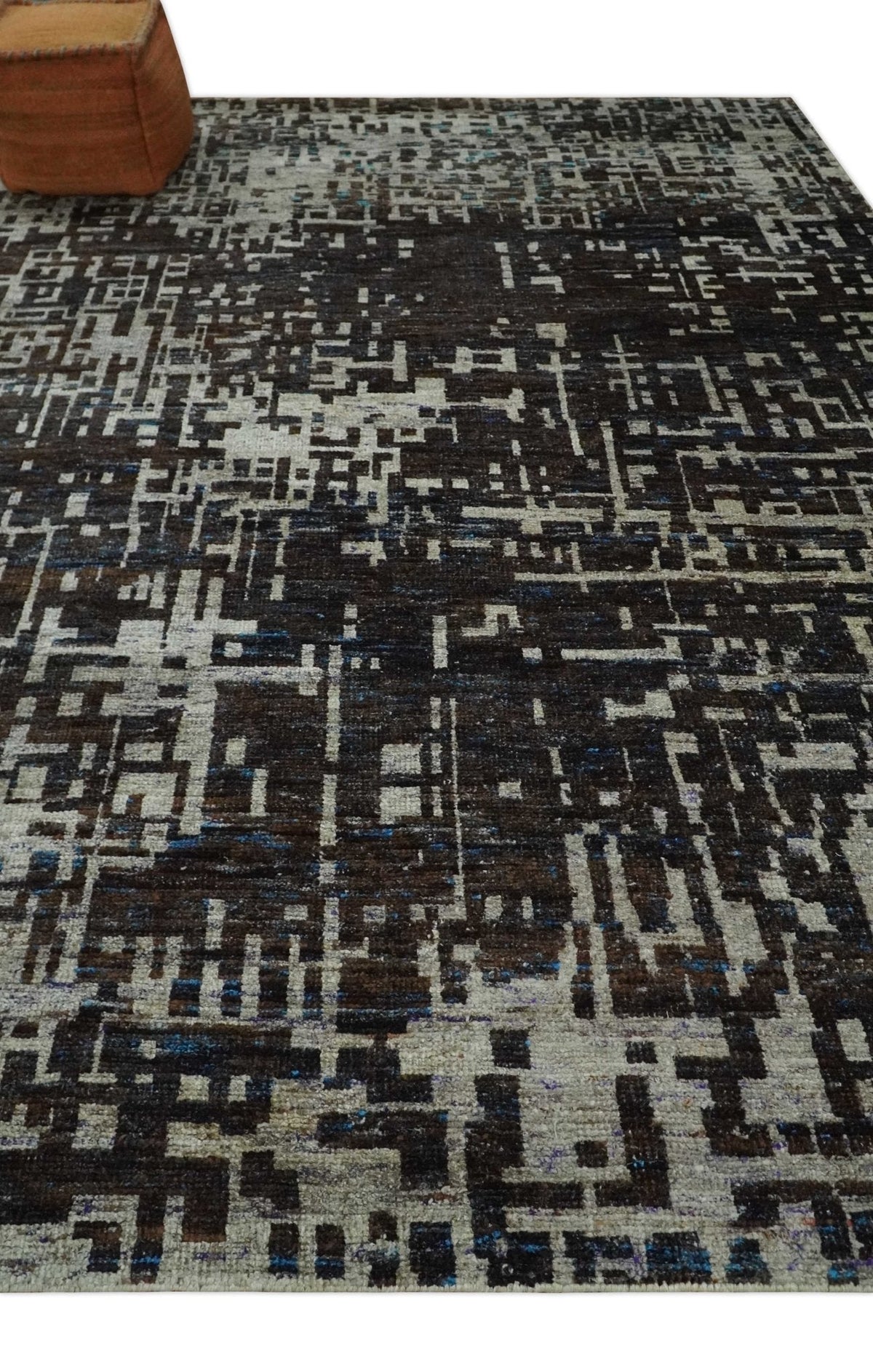 5x8 and 9x12 Hand Knotted Silver, Charcoal and Brown Modern Abstract  Recycled Silk Area Rug.