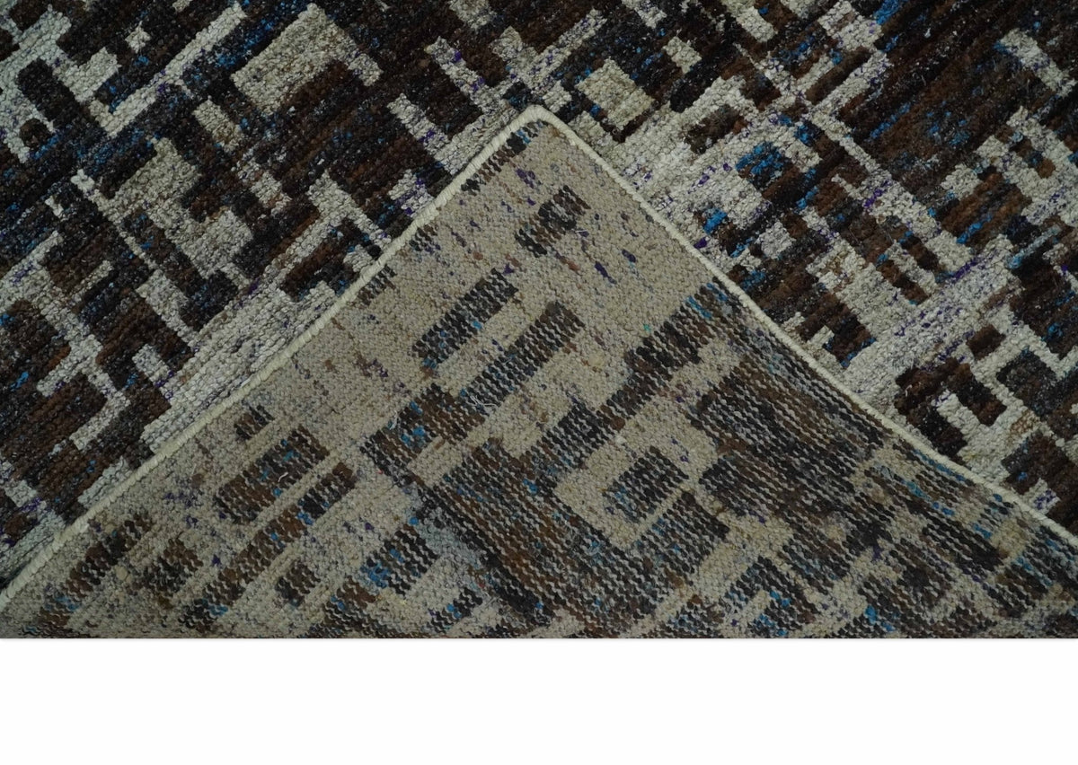 5x8 and 9x12 Hand Knotted Silver, Charcoal and Brown Modern Abstract  Recycled Silk Area Rug.