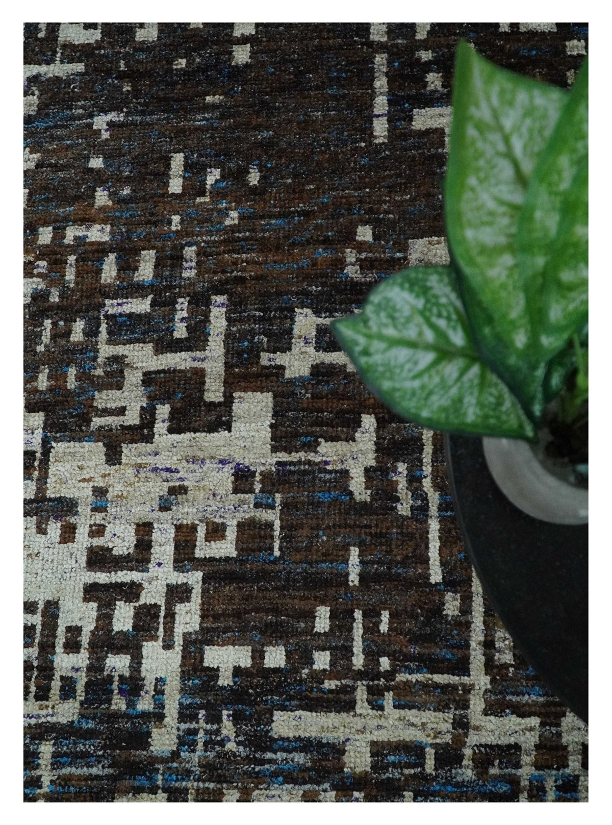 5x8 and 9x12 Hand Knotted Silver, Charcoal and Brown Modern Abstract  Recycled Silk Area Rug.