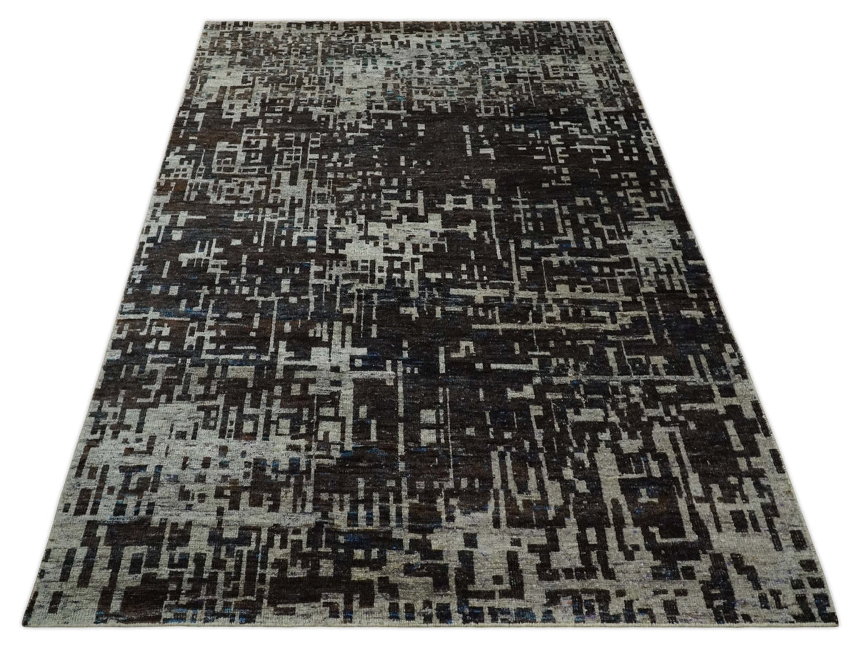 5x8 and 9x12 Hand Knotted Silver, Charcoal and Brown Modern Abstract  Recycled Silk Area Rug.