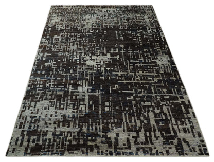 5x8 and 9x12 Hand Knotted Silver, Charcoal and Brown Modern Abstract  Recycled Silk Area Rug.