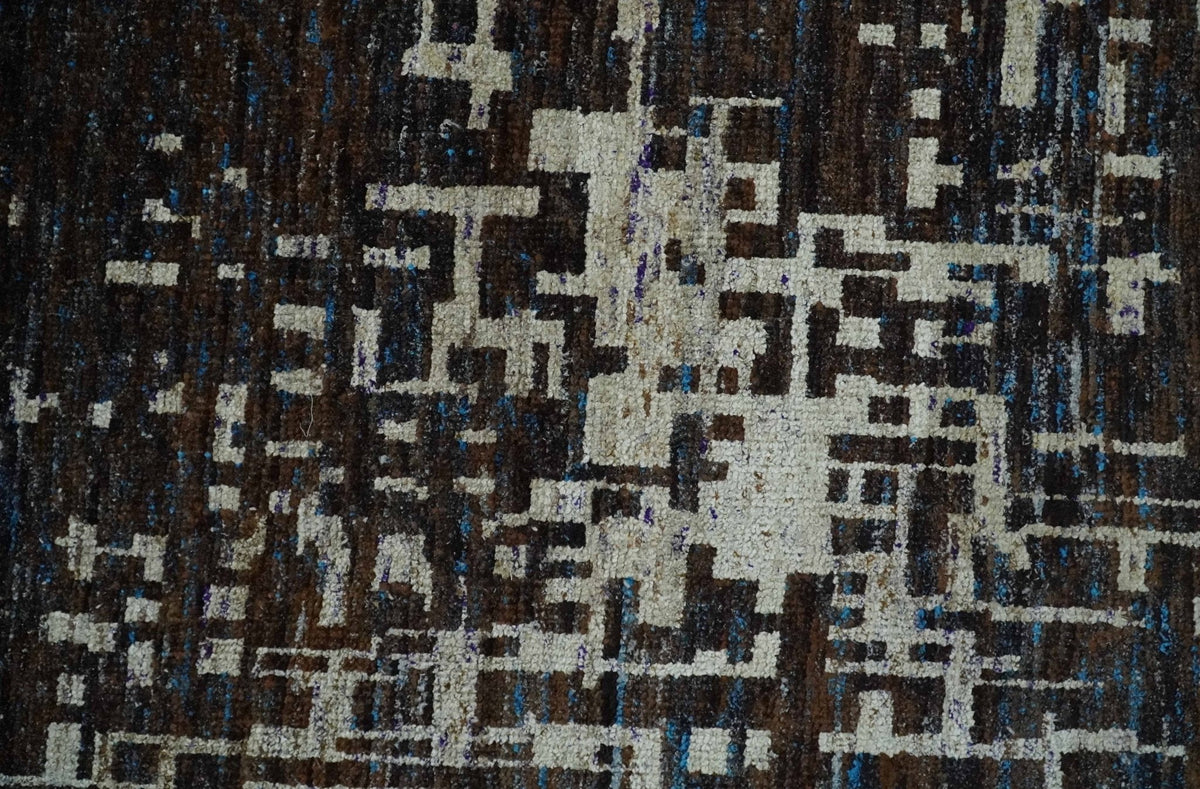 5x8 and 9x12 Hand Knotted Silver, Charcoal and Brown Modern Abstract  Recycled Silk Area Rug.