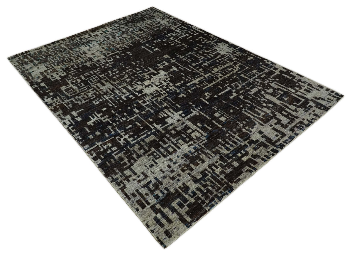 5x8 and 9x12 Hand Knotted Silver, Charcoal and Brown Modern Abstract  Recycled Silk Area Rug.