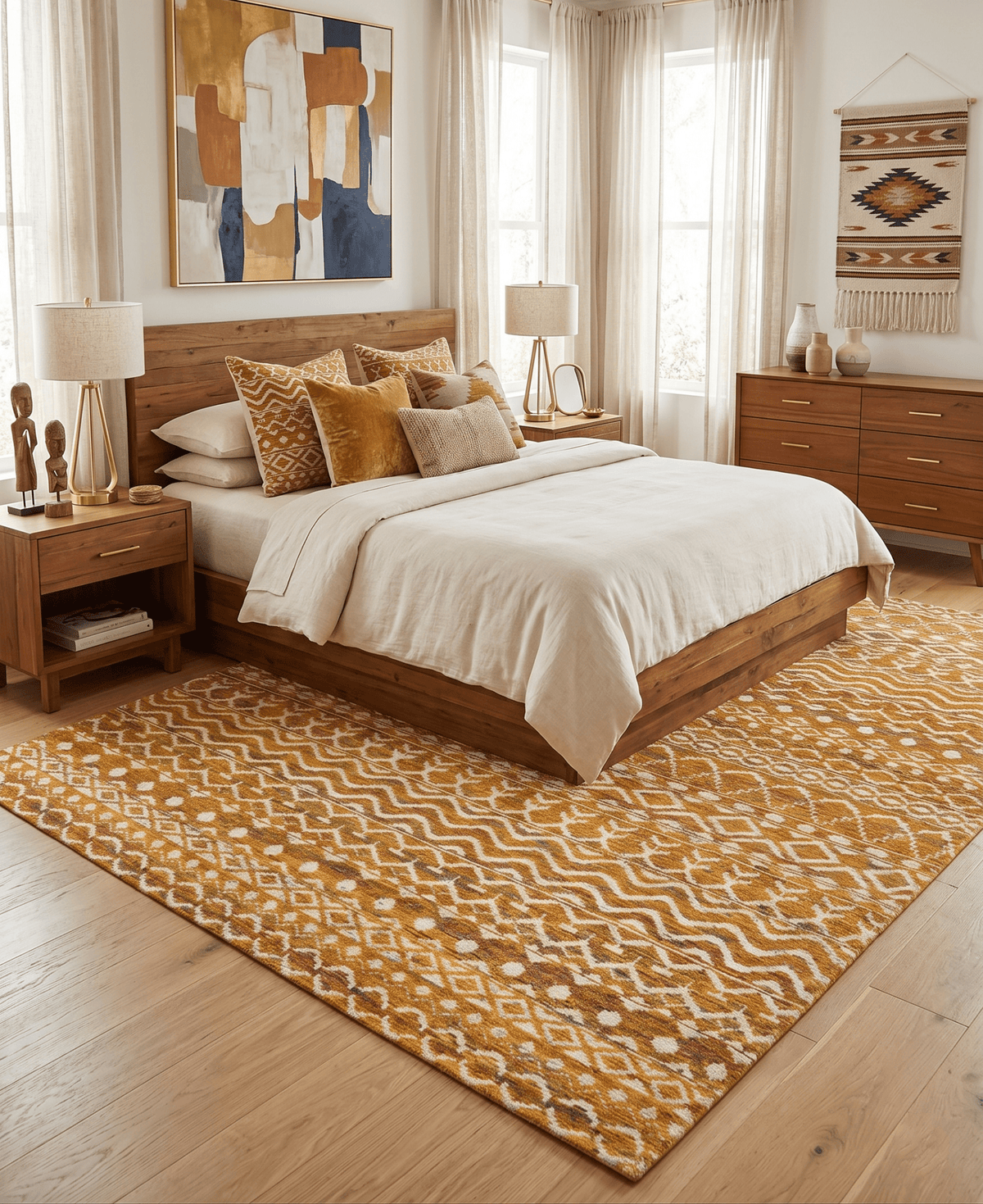 9x12 Hand Knotted Gold and White Modern Contemporary Southwestern Tribal Trellis Recycled Silk Area Rug.