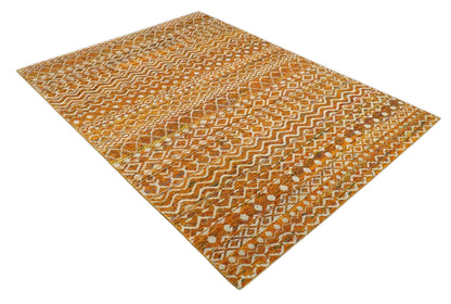 9x12 Hand Knotted Gold and White Modern Contemporary Southwestern Tribal Trellis Recycled Silk Area Rug.